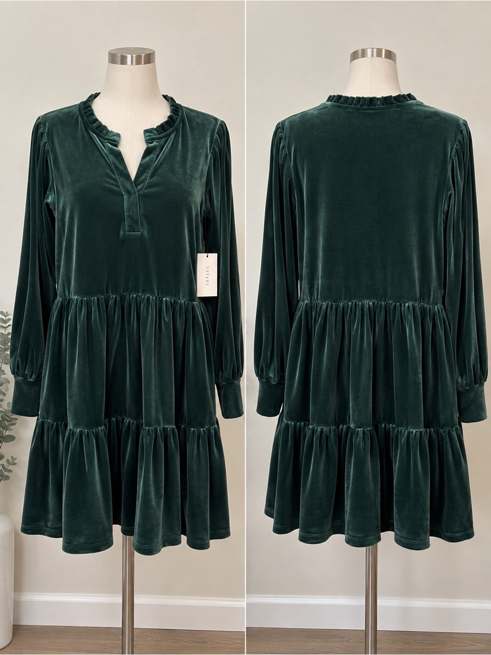 1. State Forest Green Velvet Tiered Long-Sleeve Dress